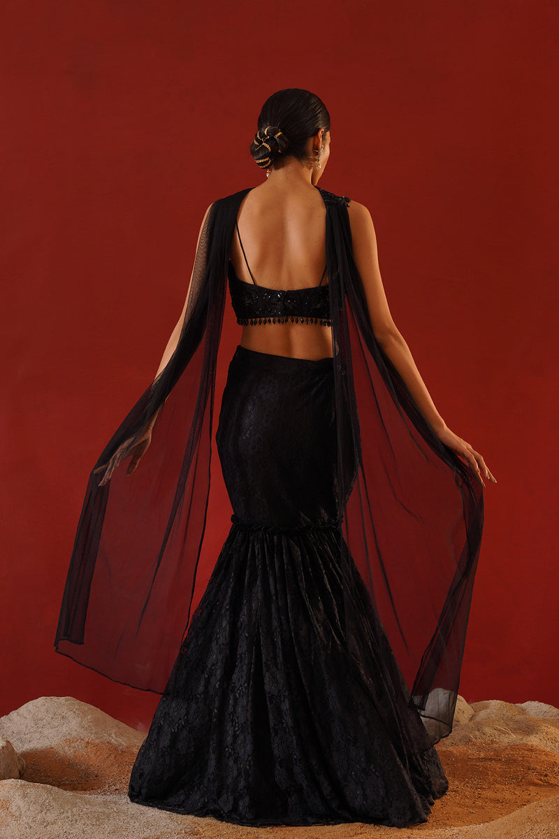 Black net lace lehenga choli set
