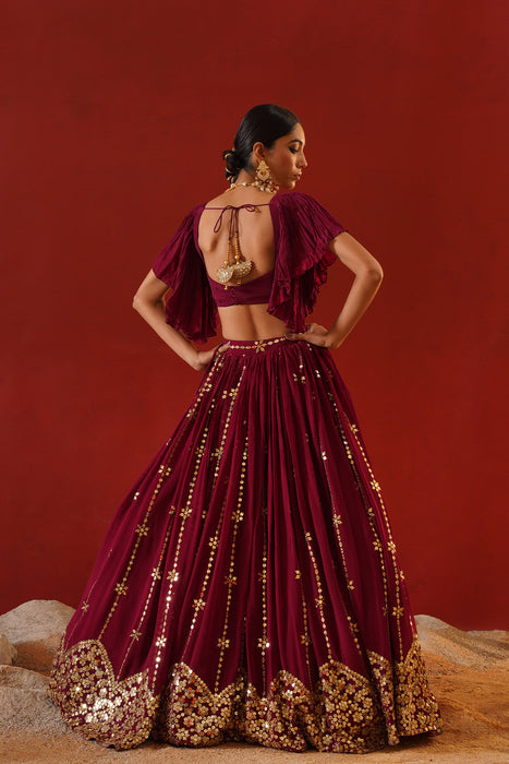 Burgundy geogratte  lehenga
 choli set