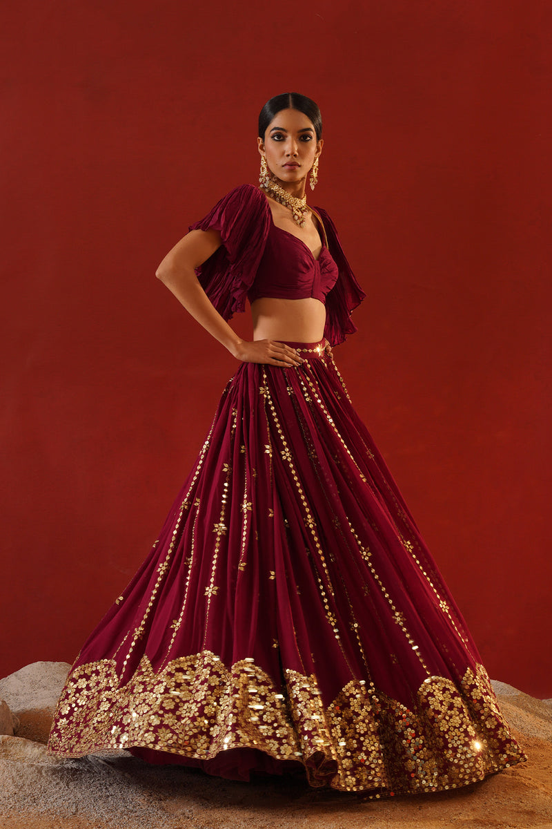 Burgundy geogratte  lehenga
 choli set