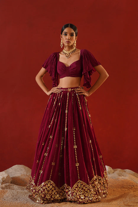 Burgundy geogratte  lehenga
 choli set