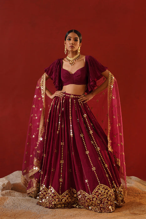 Burgundy geogratte  lehenga
 choli set