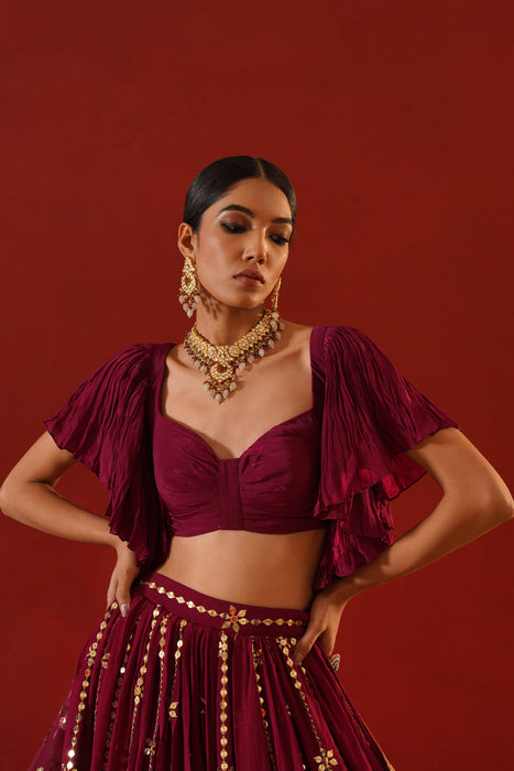 Burgundy geogratte  lehenga
 choli set
