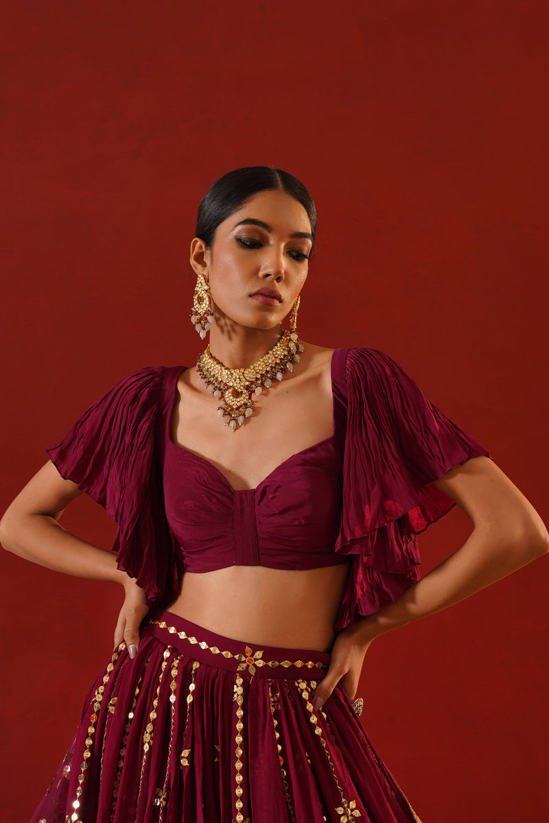 Burgundy geogratte  lehenga
 choli set