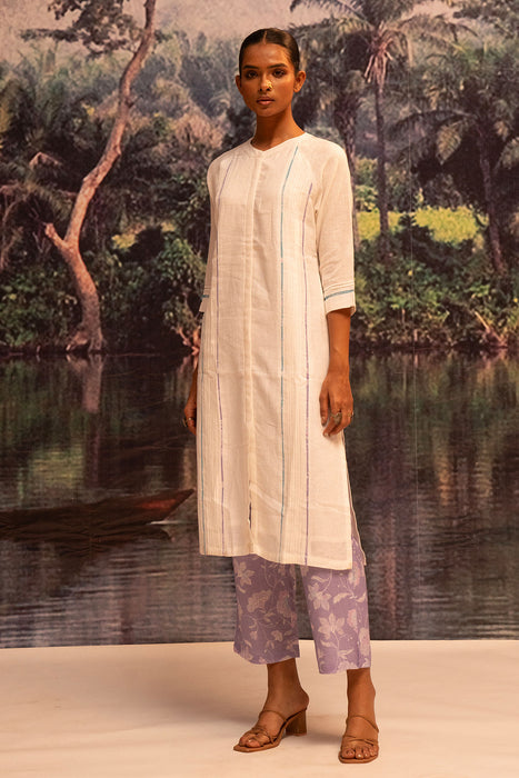 Upcycled Karigiri Linen Kurta Set-Lavender