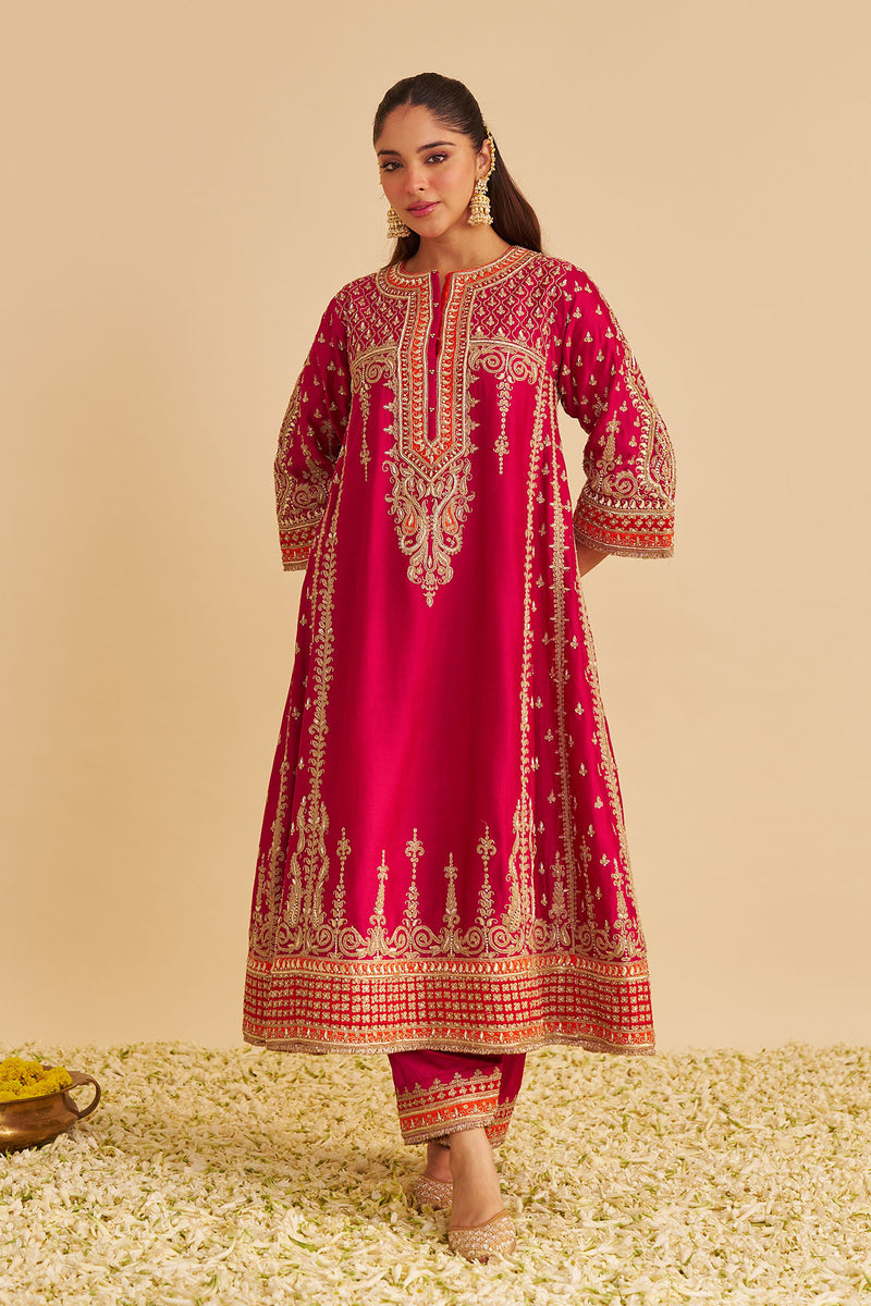 Nargis  - Dabka Zardozi Embroidered Rich Banarasi Kalidaar Hotpink Long Chauga Set