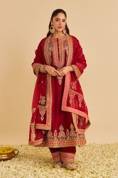 Zoya - Dabka Zardozi Embroidered Rich Banarasi Kalidaar Deep Red Long Chauga Set
