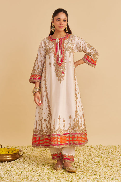 Nargis - Dabka Zardozi Embroidered Rich Banarasi Kalidaar Daisy Ivory Long Chauga Set
