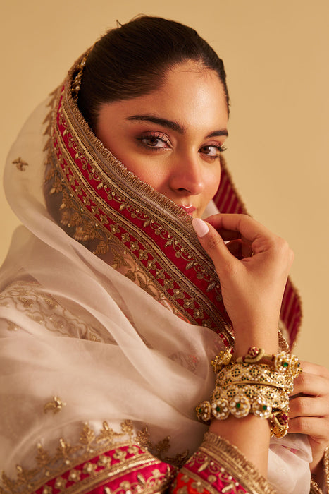 Nargis - Dabka Zardozi Embroidered Rich Banarasi Kalidaar Daisy Ivory Long Chauga Set