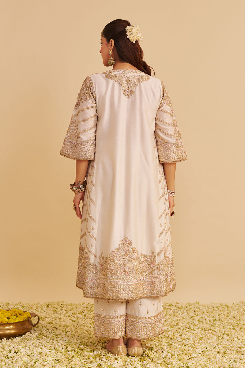 Aqsha  - Dabka Zardozi Embroidered Rich Banarasi Daisy Ivory Long Chauga & Palazzo