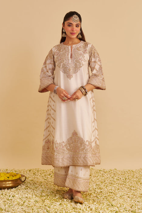 Aqsha  - Dabka Zardozi Embroidered Rich Banarasi Daisy Ivory Long Chauga & Palazzo with Dupatta