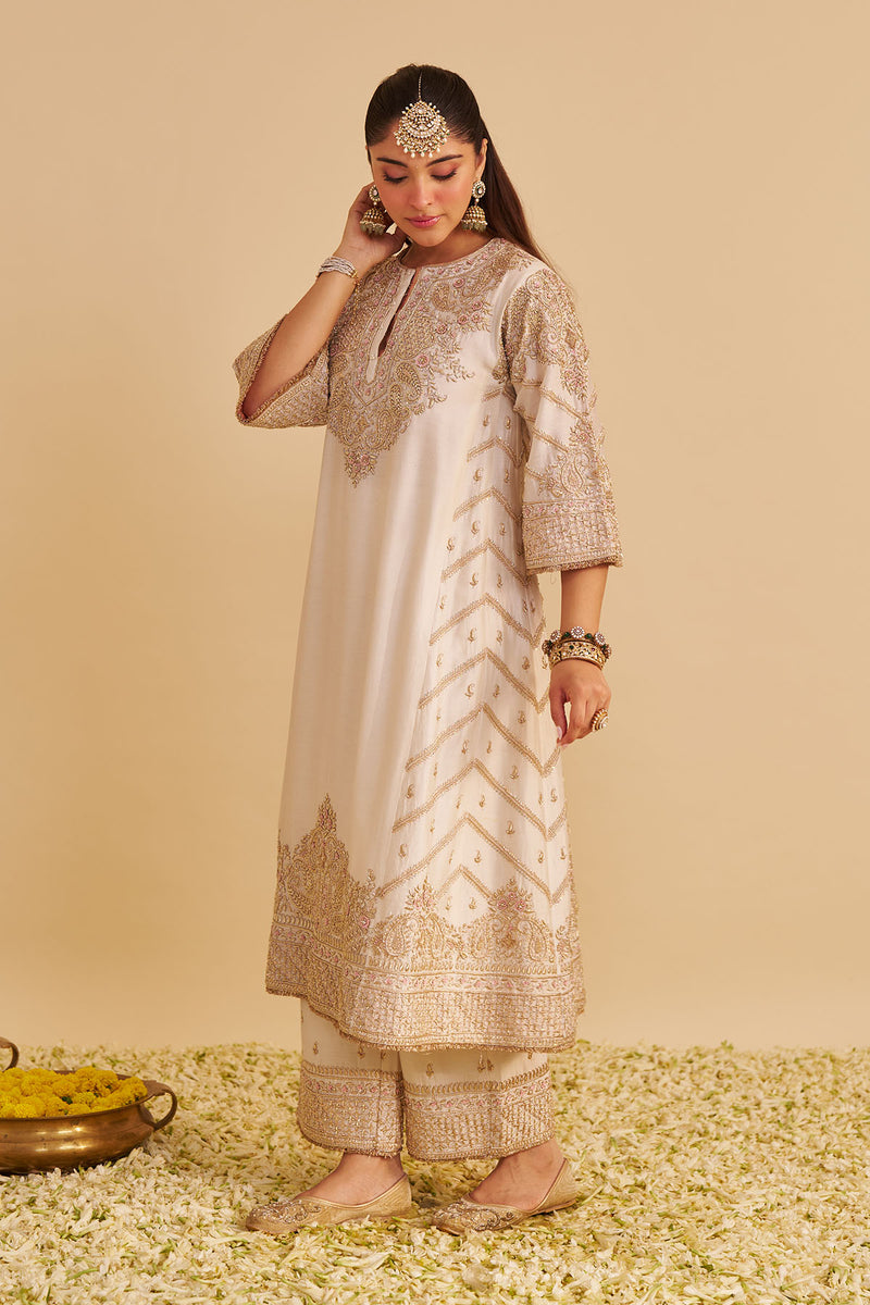 Aqsha  - Dabka Zardozi Embroidered Rich Banarasi Daisy Ivory Long Chauga & Palazzo