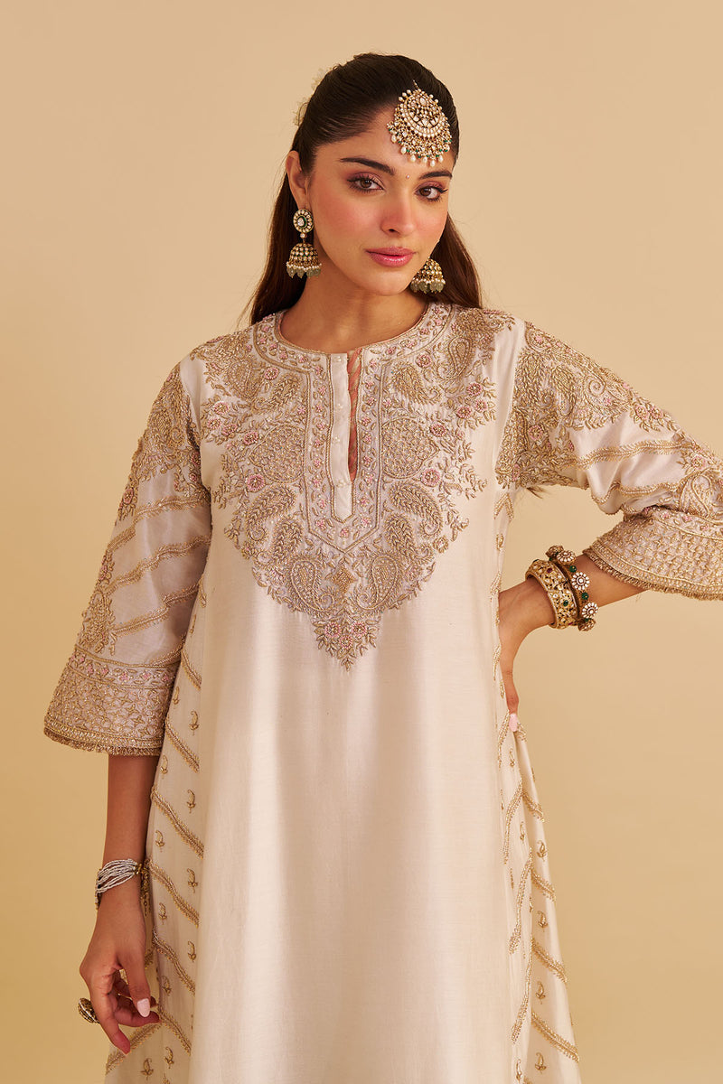 Aqsha  - Dabka Zardozi Embroidered Rich Banarasi Daisy Ivory Long Chauga & Palazzo