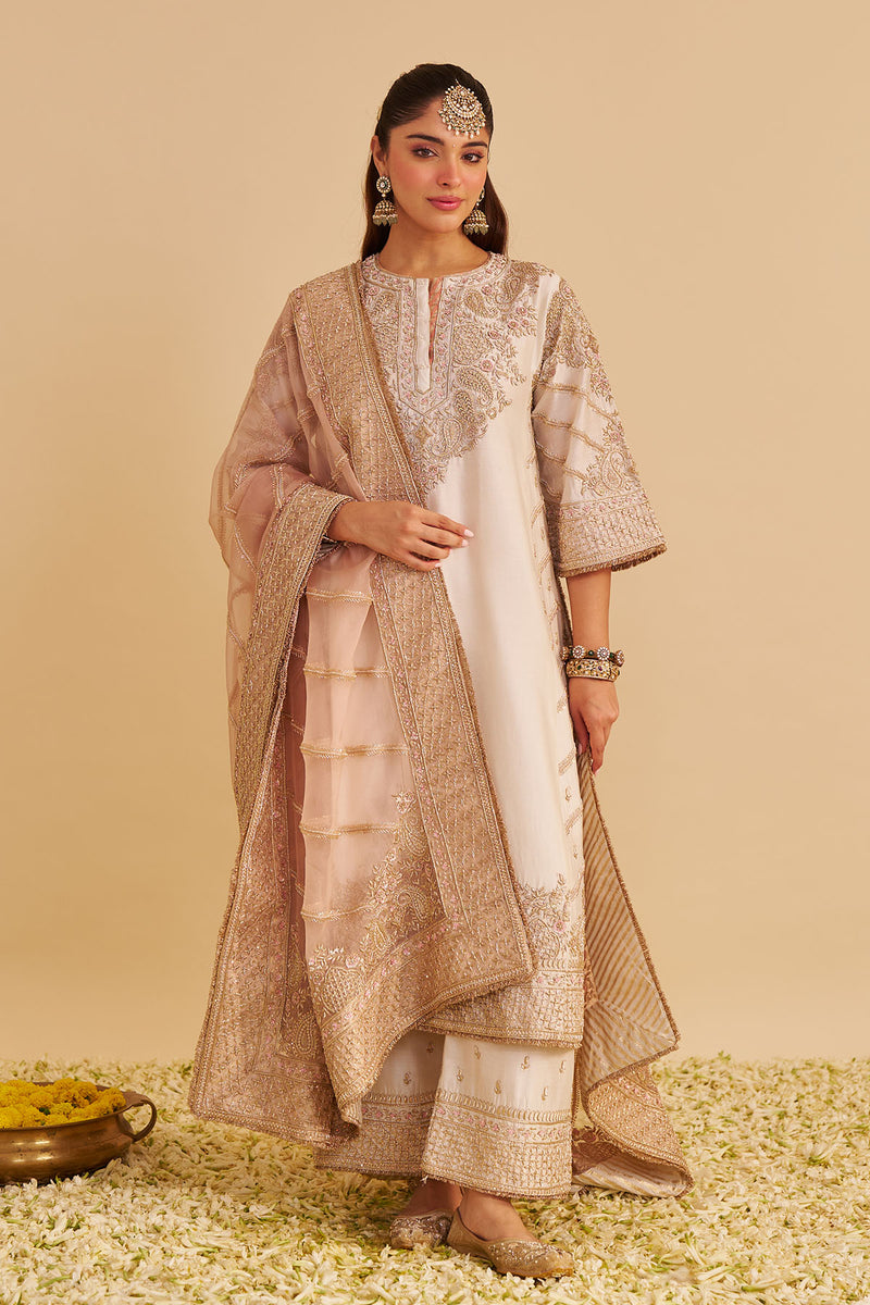 Aqsha  - Dabka Zardozi Embroidered Rich Banarasi Daisy Ivory Long Chauga & Palazzo
