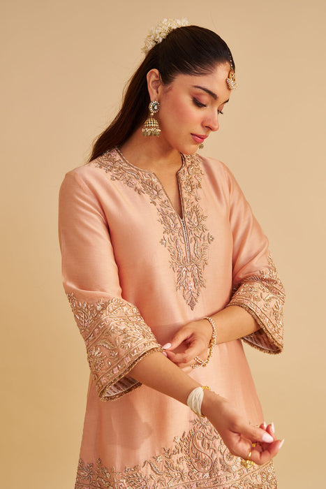 Areeba - Dabka Zardozi Embroidered Pure Banarasi Off Rose Short Kurta & Salwar with Dupatta