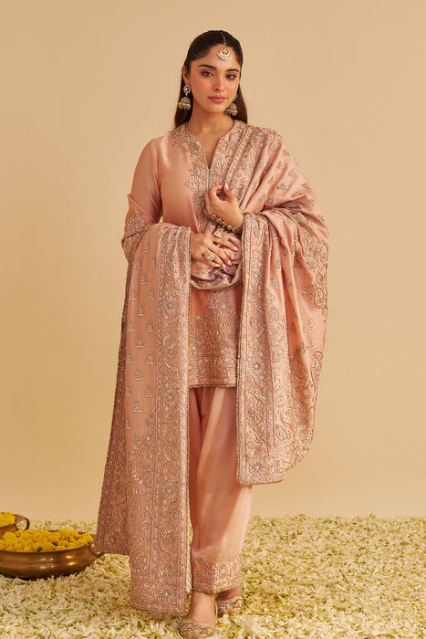 Areeba - Dabka Zardozi Embroidered Pure Banarasi Off Rose Short Kurta & Salwar with Dupatta