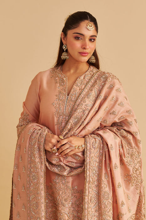 Areeba - Dabka Zardozi Embroidered Pure Banarasi Off Rose Short Kurta & Salwar with Dupatta