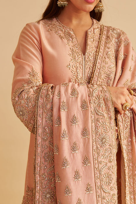 Areeba - Dabka Zardozi Embroidered Pure Banarasi Off Rose Short Kurta & Salwar with Dupatta