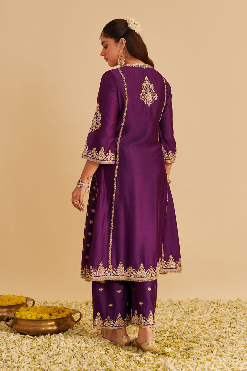 Anaiza - Dabka Zardozi Embroidered Purple Long Kurta & Palazzo with Dupatta