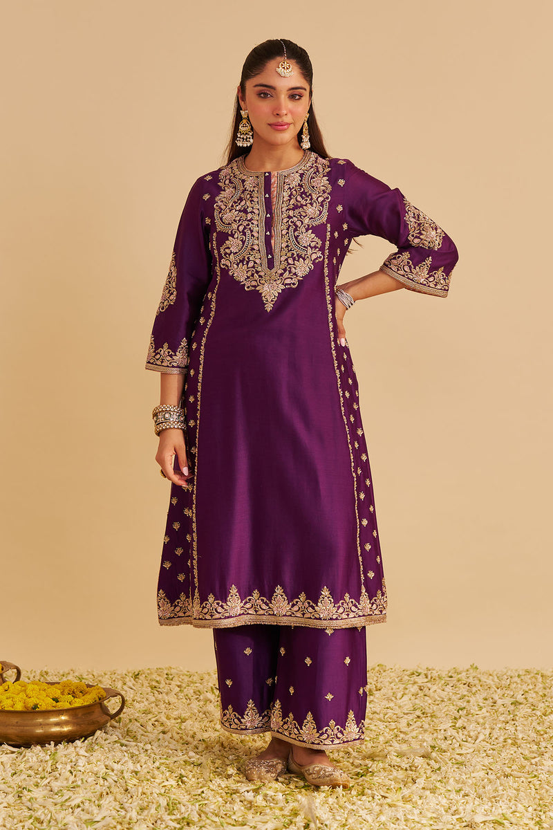 Anaiza - Dabka Zardozi Embroidered Purple Long Kurta & Palazzo with Dupatta
