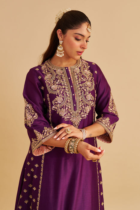 Anaiza - Dabka Zardozi Embroidered Purple Long Kurta & Palazzo with Dupatta