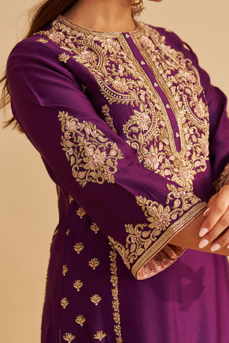 Anaiza - Dabka Zardozi Embroidered Purple Long Kurta & Palazzo with Dupatta