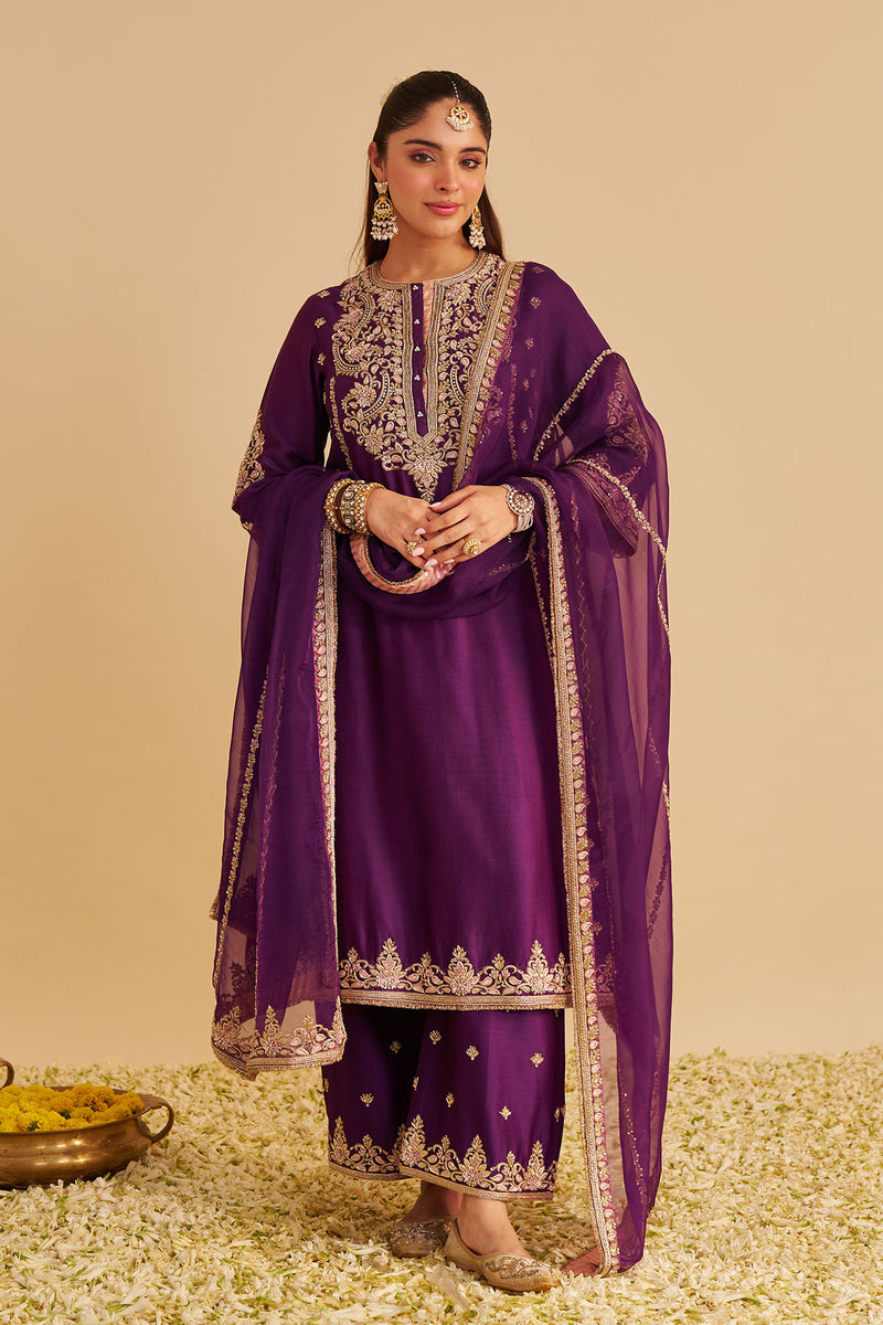 Anaiza - Dabka Zardozi Embroidered Purple Long Kurta & Palazzo with Dupatta