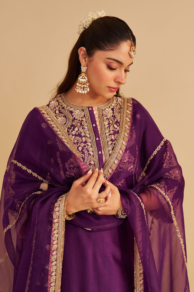 Anaiza - Dabka Zardozi Embroidered Purple Long Kurta & Palazzo with Dupatta