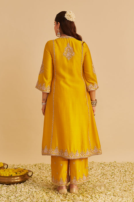 Anaiza - Dabka Zardozi Embroidered Mustard Long Kurta & Palazzo with Dupatta