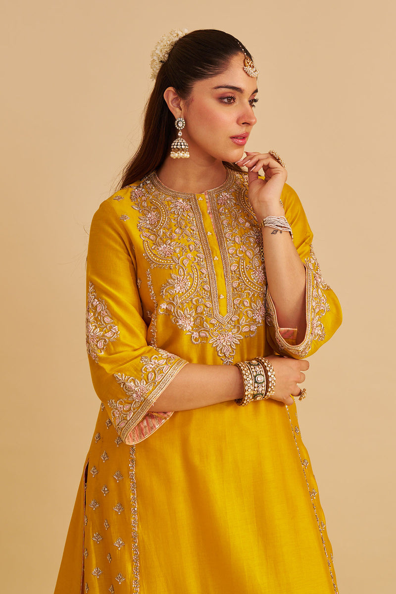 Anaiza - Dabka Zardozi Embroidered Mustard Long Kurta & Palazzo with Dupatta
