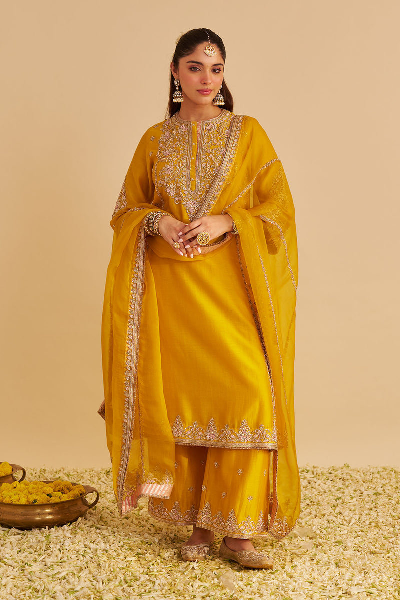 Anaiza - Dabka Zardozi Embroidered Mustard Long Kurta & Palazzo with Dupatta