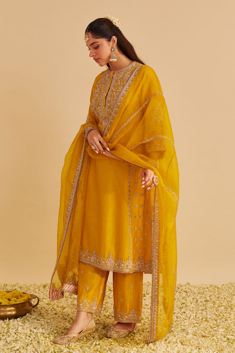 Anaiza - Dabka Zardozi Embroidered Mustard Long Kurta & Palazzo with Dupatta