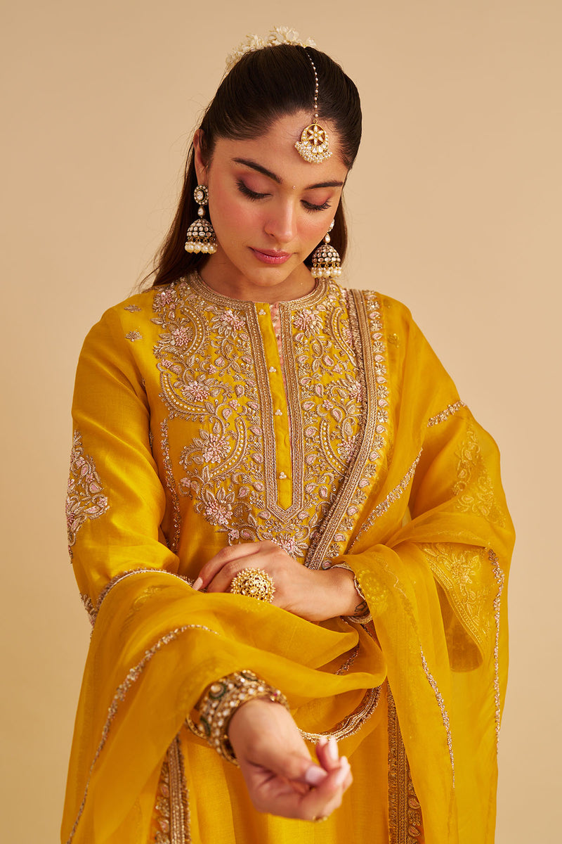Anaiza - Dabka Zardozi Embroidered Mustard Long Kurta & Palazzo with Dupatta