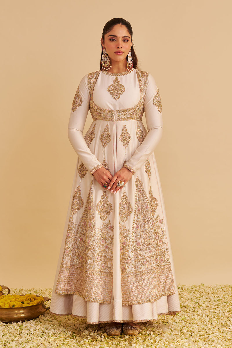 Zainah - Dabka Zardozi Embroidered Silk Daisy Ivory Anarkali  Set