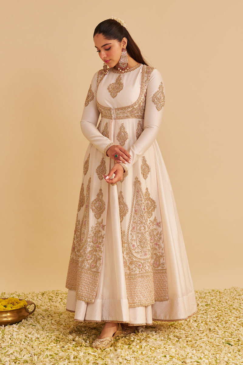 Zainah - Dabka Zardozi Embroidered Silk Daisy Ivory Anarkali  Set