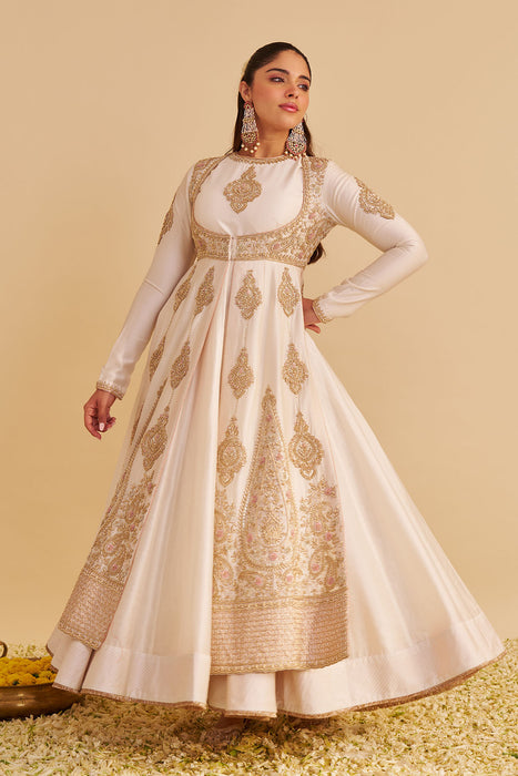 Zainah - Dabka Zardozi Embroidered Silk Daisy Ivory Anarkali  Set