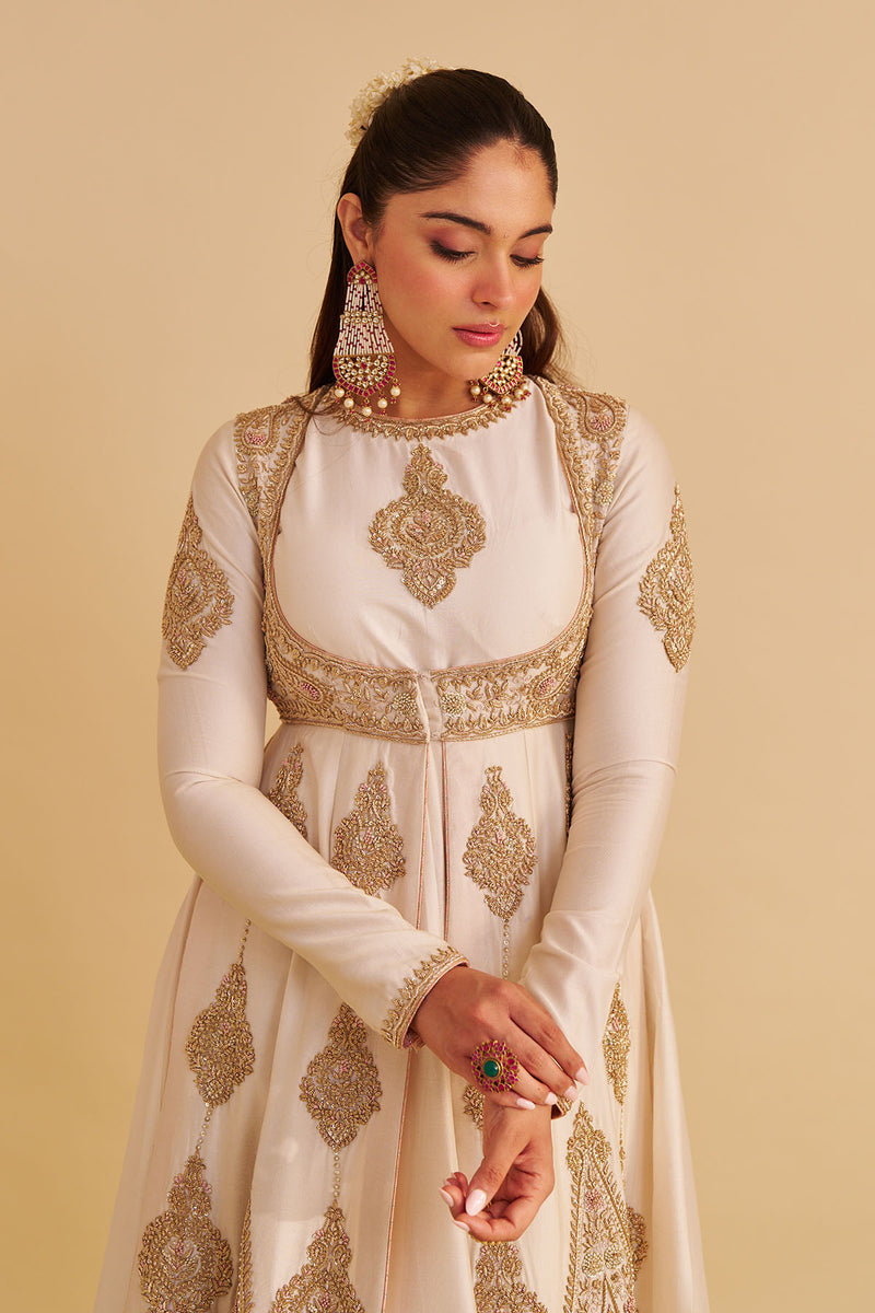 Zainah - Dabka Zardozi Embroidered Silk Daisy Ivory Anarkali  Set