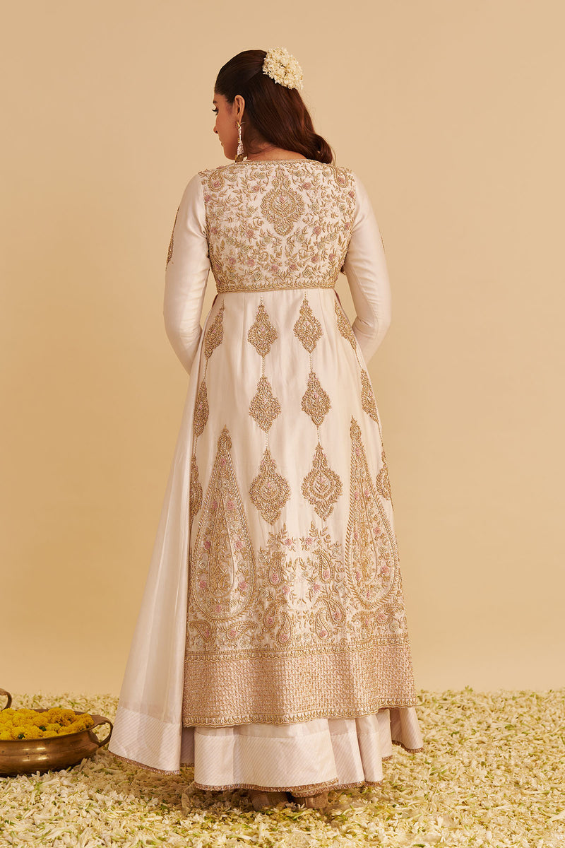 Zainah - Dabka Zardozi Embroidered Silk Daisy Ivory Anarkali  Set