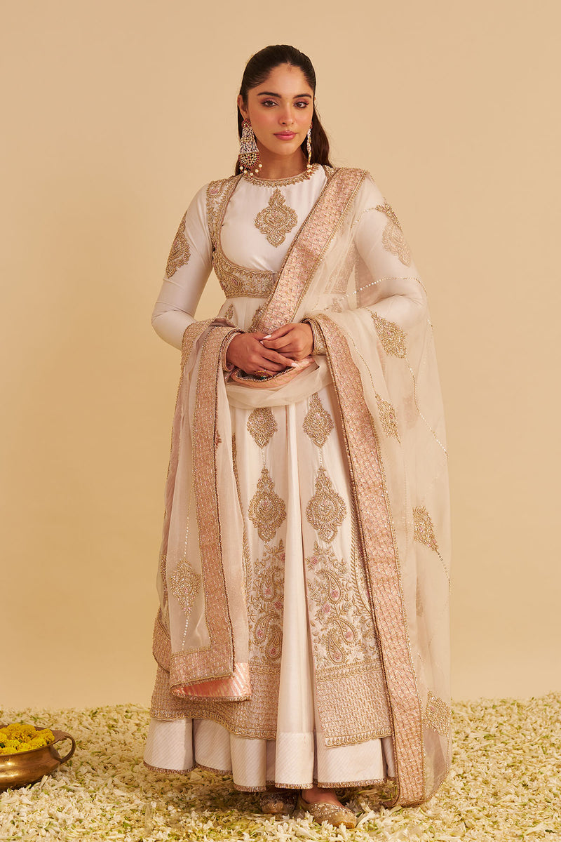Zainah - Dabka Zardozi Embroidered Silk Daisy Ivory Anarkali  Set