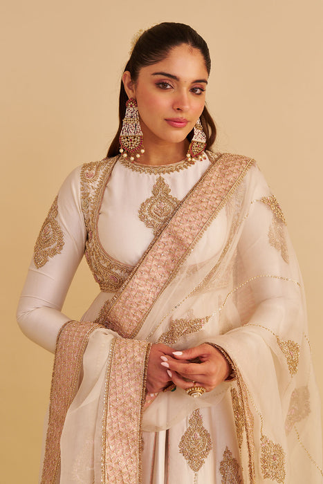 Zainah - Dabka Zardozi Embroidered Silk Daisy Ivory Anarkali  Set