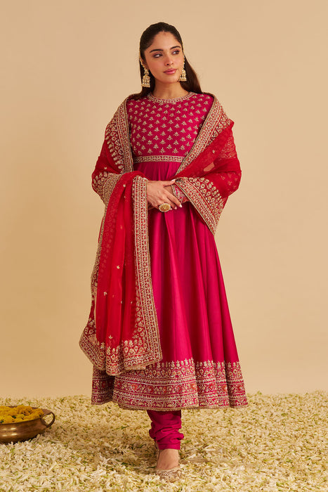Noor - Dabka Zardozi Embroidered Chanderi Silk Hotpink Anarkali  Set