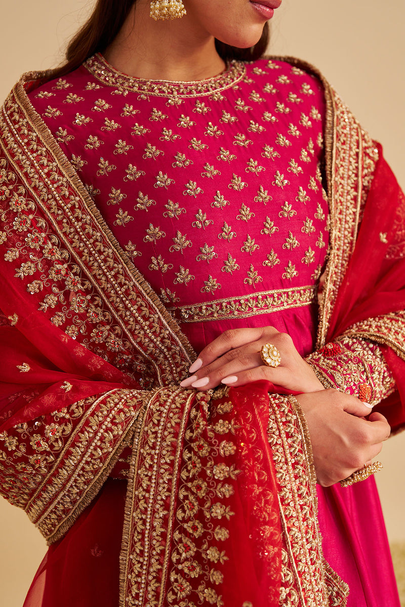Noor - Dabka Zardozi Embroidered Chanderi Silk Hotpink Anarkali  Set