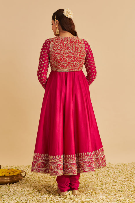 Noor - Dabka Zardozi Embroidered Chanderi Silk Hotpink Anarkali  Set