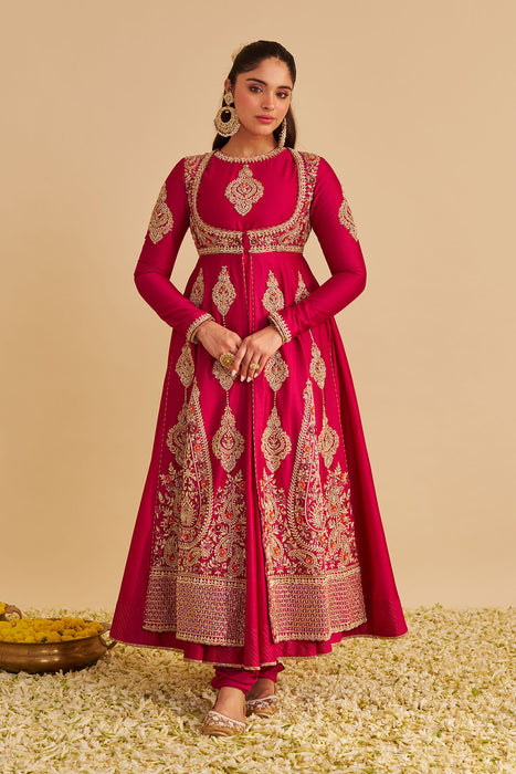 Zainah - Dabka Zardozi Embroidered Silk Hotpink Anarkali  Set