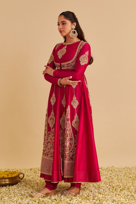 Zainah - Dabka Zardozi Embroidered Silk Hotpink Anarkali  Set