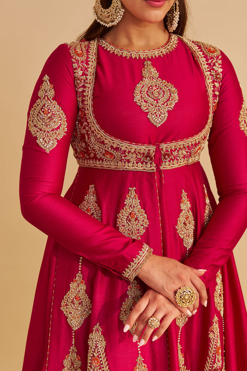 Zainah - Dabka Zardozi Embroidered Silk Hotpink Anarkali  Set