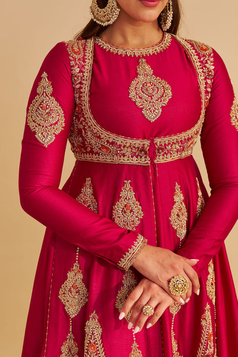Zainah - Dabka Zardozi Embroidered Silk Hotpink Anarkali  Set