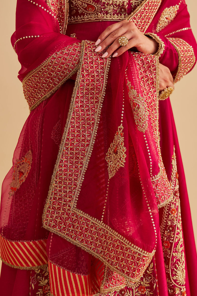 Zainah - Dabka Zardozi Embroidered Silk Hotpink Anarkali  Set