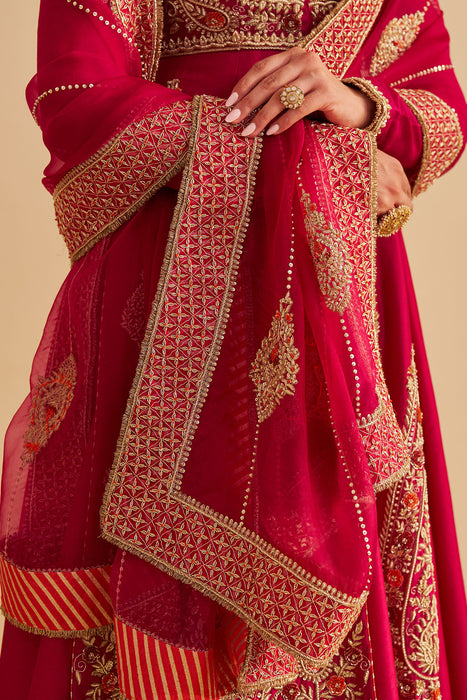 Zainah - Dabka Zardozi Embroidered Silk Hotpink Anarkali  Set