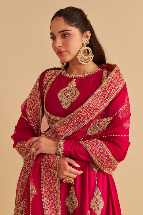 Zainah - Dabka Zardozi Embroidered Silk Hotpink Anarkali  Set