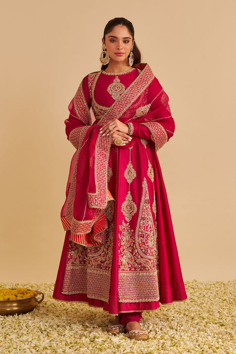 Zainah - Dabka Zardozi Embroidered Silk Hotpink Anarkali  Set